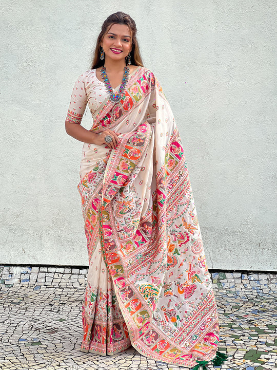 Cream Banarasi Silk Blend Saree With Blouse Piece
