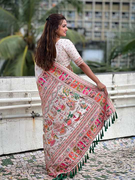 Cream Banarasi Silk Blend Saree With Blouse Piece