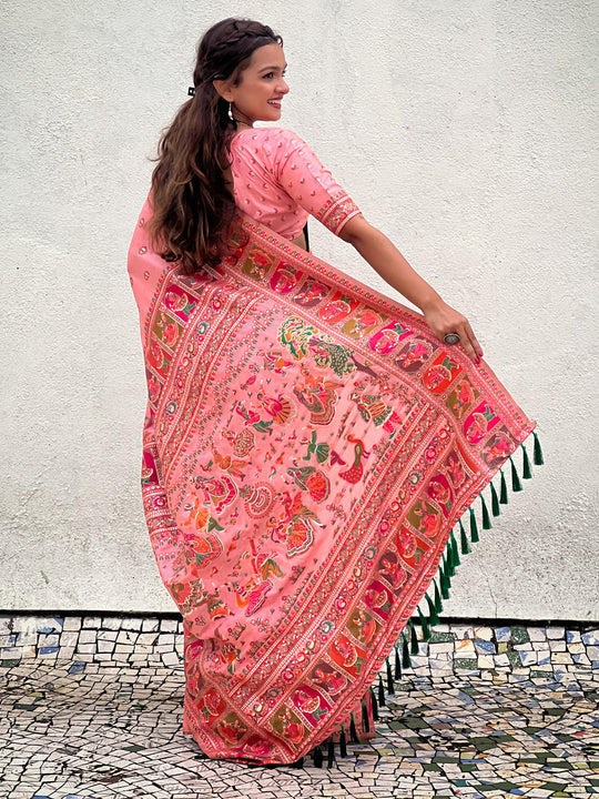 Pink Banarasi Silk Blend Saree With Blouse Piece