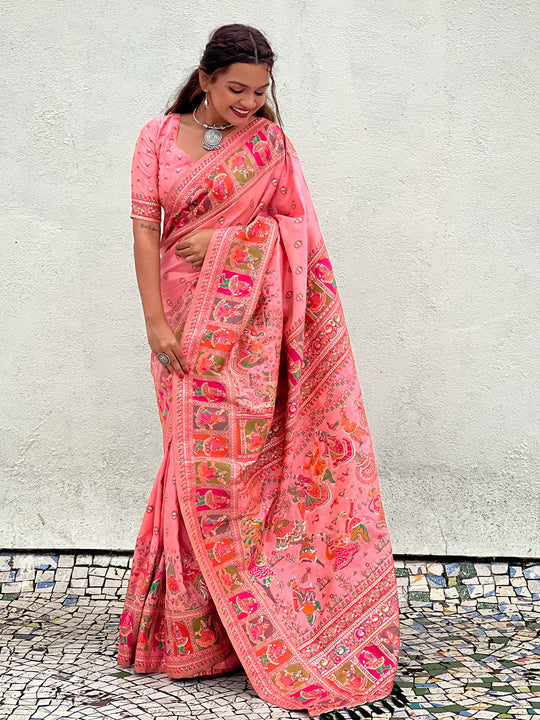 Pink Banarasi Silk Blend Saree With Blouse Piece
