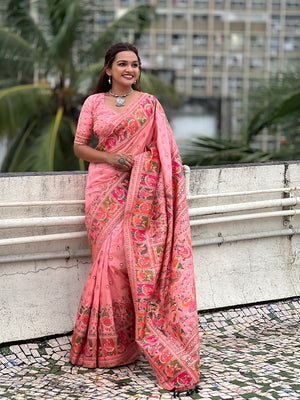 Pink Banarasi Silk Blend Saree With Blouse Piece