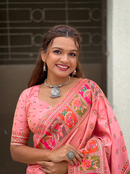 Pink Banarasi Silk Blend Saree With Blouse Piece