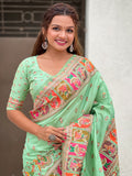 Pista Banarasi Silk Blend Saree With Blouse Piece