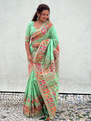 Pista Banarasi Silk Blend Saree With Blouse Piece