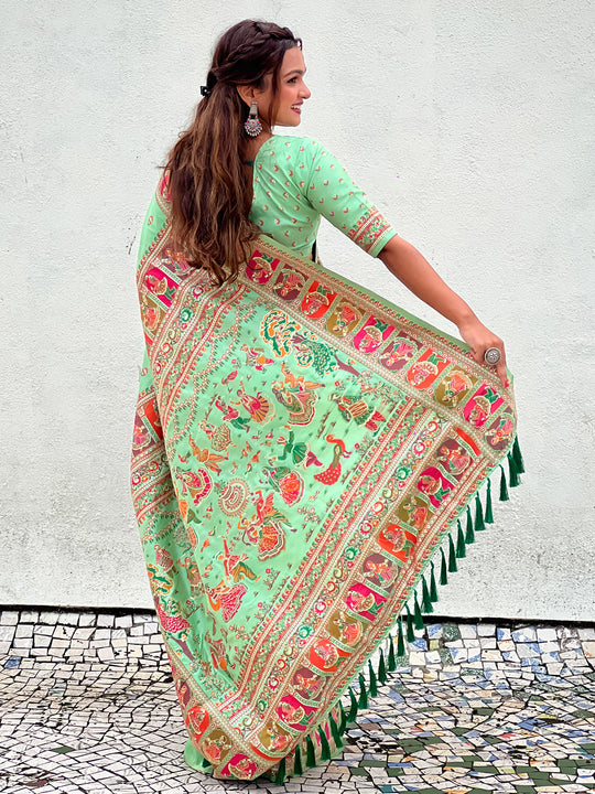 Pista Banarasi Silk Blend Saree With Blouse Piece