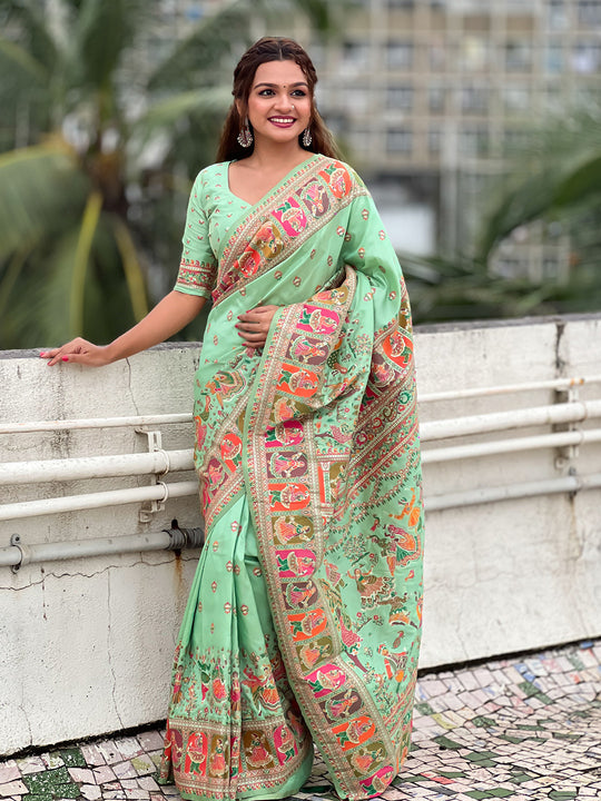 Pista Banarasi Silk Blend Saree With Blouse Piece