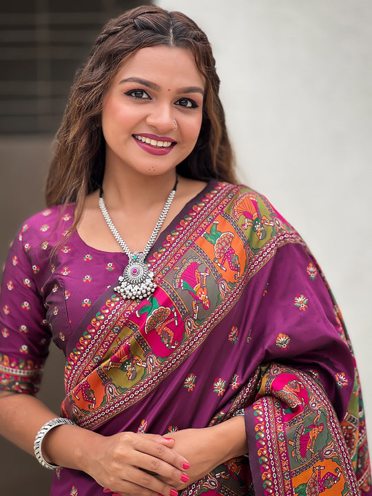 Wine Banarasi Silk Blend Saree With Blouse Piece