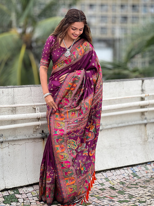 Wine Banarasi Silk Blend Saree With Blouse Piece