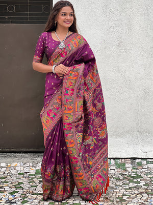 Wine Banarasi Silk Blend Saree With Blouse Piece