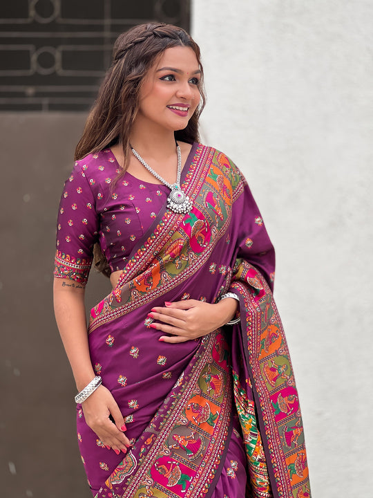 Wine Banarasi Silk Blend Saree With Blouse Piece
