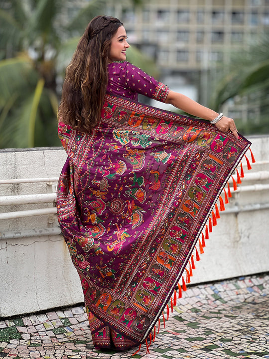 Wine Banarasi Silk Blend Saree With Blouse Piece