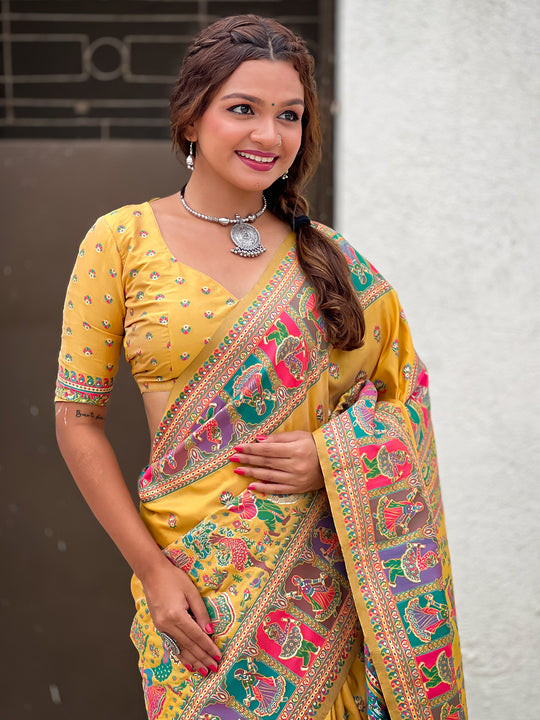 Yellow Banarasi Silk Blend Saree With Blouse Piece