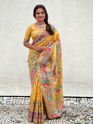 Yellow Banarasi Silk Blend Saree With Blouse Piece