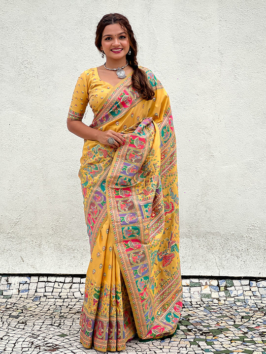 Yellow Banarasi Silk Blend Saree With Blouse Piece