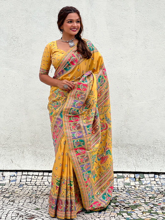 Yellow Banarasi Silk Blend Saree With Blouse Piece