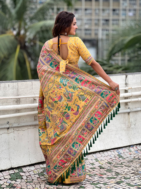 Yellow Banarasi Silk Blend Saree With Blouse Piece