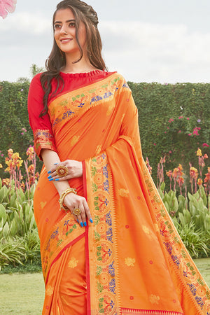 Womens Paithani Silk Orange Saree With Blouse Piece
