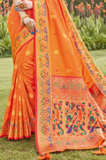 Womens Paithani Silk Orange Saree With Blouse Piece