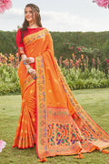 Womens Paithani Silk Orange Saree With Blouse Piece
