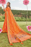 Womens Paithani Silk Orange Saree With Blouse Piece