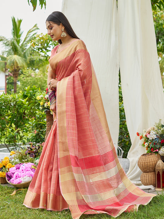 Peach Tissue Mosqus Saree With Blouse Piece