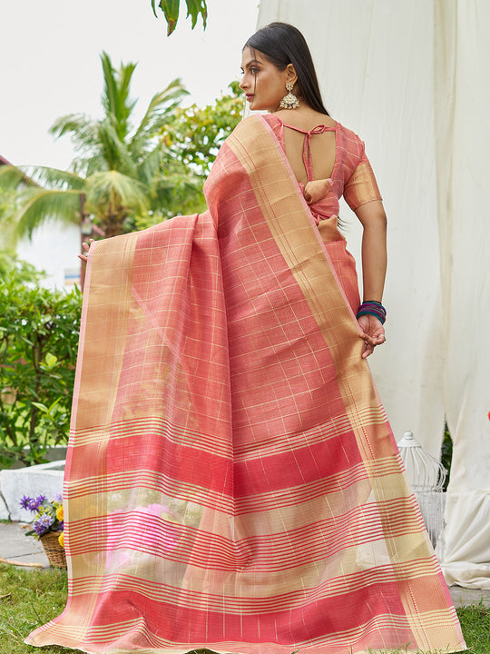 Peach Tissue Mosqus Saree With Blouse Piece
