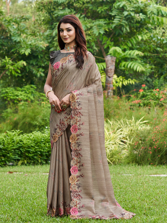 Grey Silk Blend Festive Saree With Blouse Piece