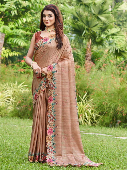 Peach Silk Blend Festive Saree With Blouse Piece