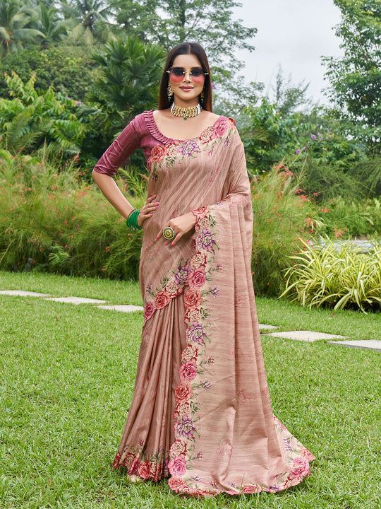 Pink Silk Blend Festive Saree With Blouse Piece