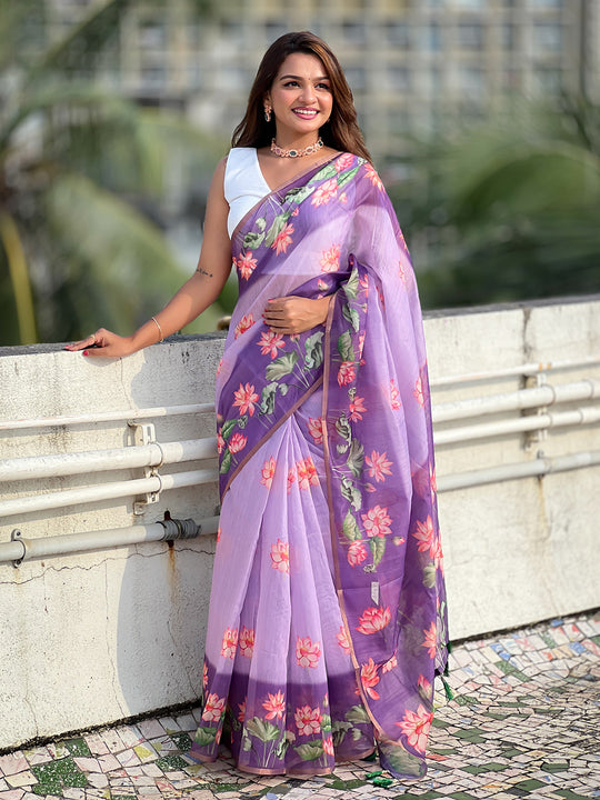 Lavender Banarasi Silk Blend Saree With Blouse Piece