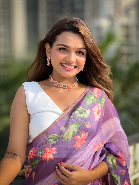 Lavender Banarasi Silk Blend Saree With Blouse Piece