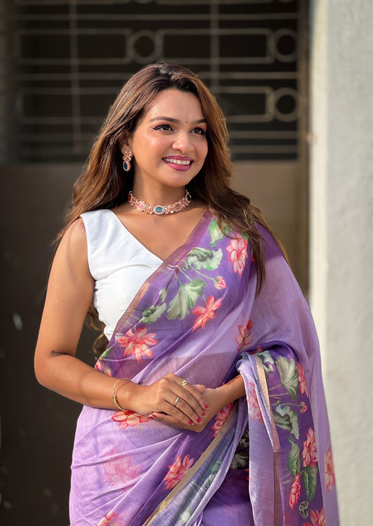 Levender Banarasi Silk Blend Saree With Blouse Piece