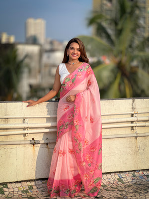 Pink Banarasi Silk Blend Saree With Blouse Piece