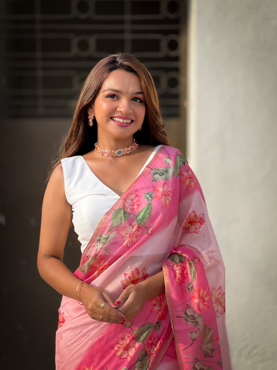 Pink Banarasi Silk Blend Saree With Blouse Piece