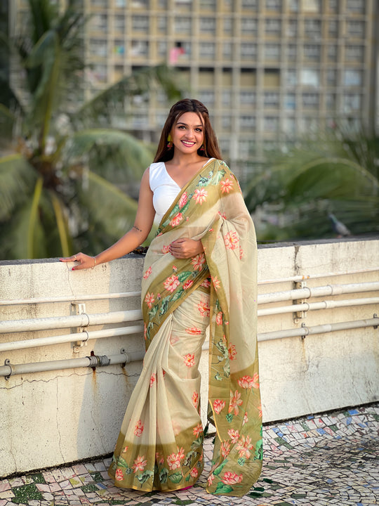 Pista Banarasi Silk Blend Saree With Blouse Piece