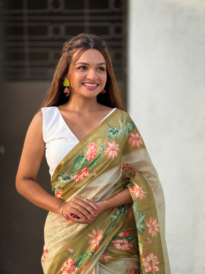 Pista Banarasi Silk Blend Saree With Blouse Piece