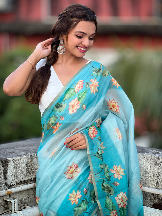 Sky Banarasi Silk Blend Saree With Blouse Piece