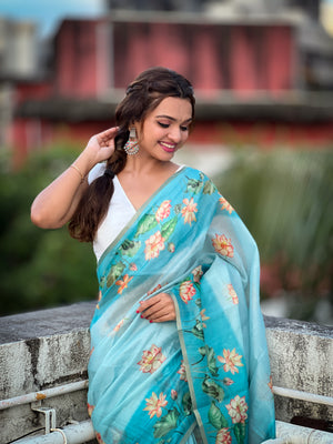 Sky Banarasi Silk Blend Saree With Blouse Piece