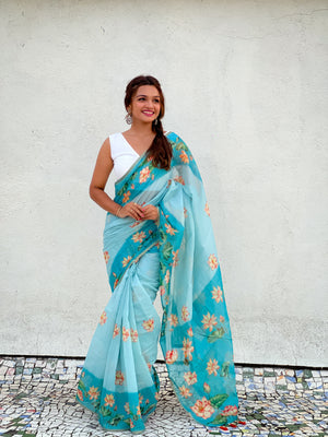 Sky Banarasi Silk Blend Saree With Blouse Piece
