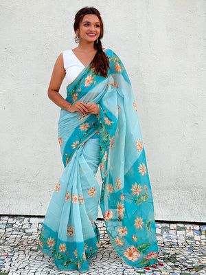 Sky Banarasi Silk Blend Saree With Blouse Piece