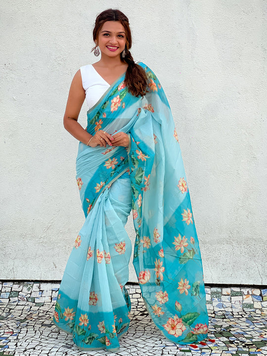 Sky Banarasi Silk Blend Saree With Blouse Piece