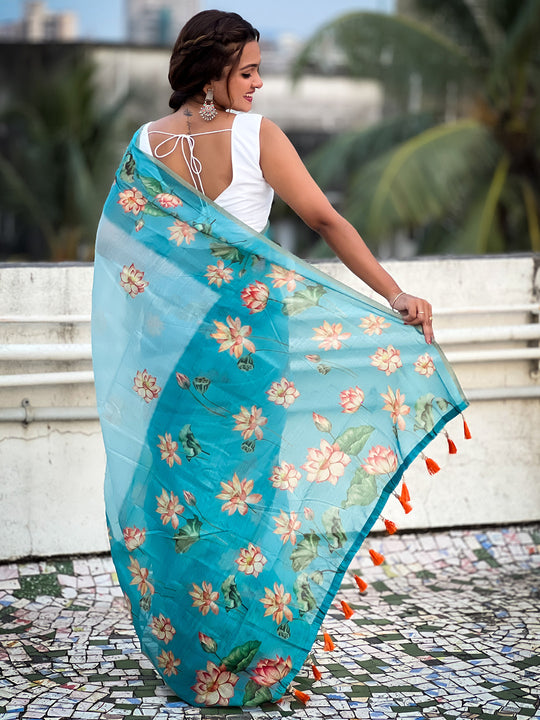 Sky Banarasi Silk Blend Saree With Blouse Piece