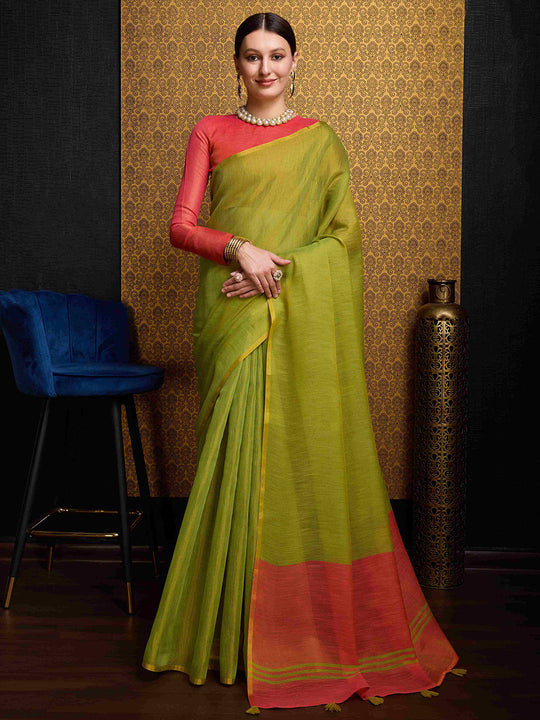 Pista Linen Festive Wear Saree With Blouse Piece
