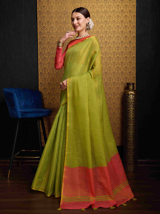 Pista Linen Festive Wear Saree With Blouse Piece