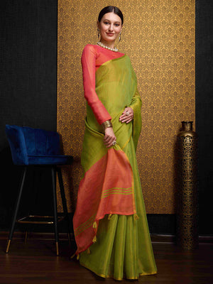 Pista Linen Festive Wear Saree With Blouse Piece