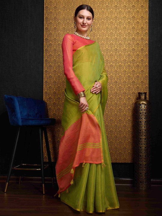 Pista Linen Festive Wear Saree With Blouse Piece