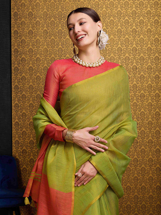 Pista Linen Festive Wear Saree With Blouse Piece