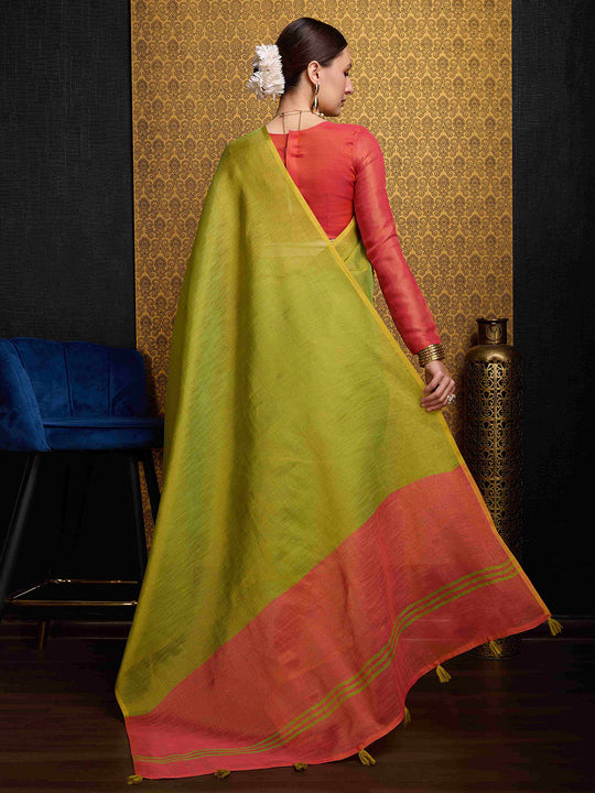 Pista Linen Festive Wear Saree With Blouse Piece