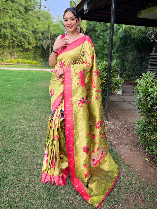 Pista Green Paithani Silk Saree With Blouse Piece