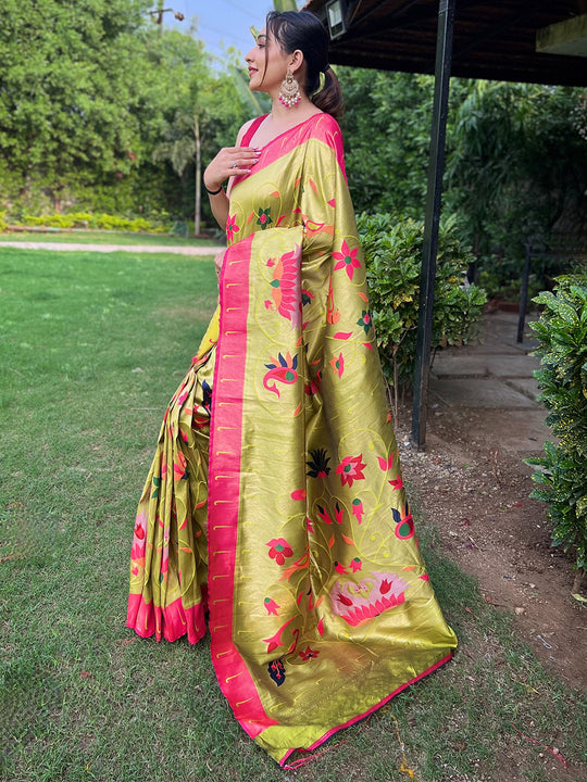 Pista Green Paithani Silk Saree With Blouse Piece